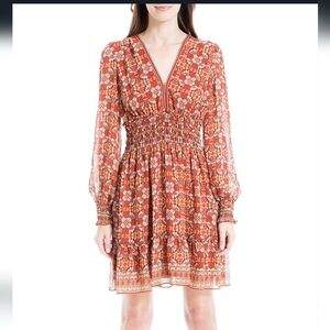 Max Studio Floral Long Sleeve Dress in Orange and White